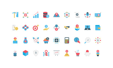 Blockchain, bitcoin and data mining, fintech security, crypto coins in electronic wallet color icon set. Cube of digital block and information, cryptocurrency startup flat vector illustration