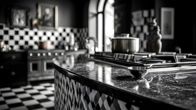 Dramatic Black and White Kitchen with Checkered Floor and Island