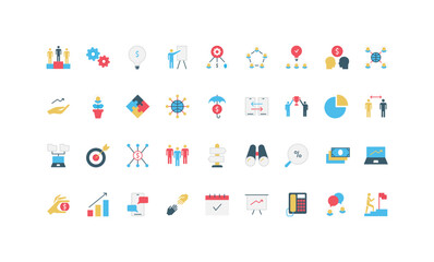 Business teamwork, workshop challenge, collaboration of employees, startup color icon set. Board training of members, search for ideas and trends together, team support flat vector illustration