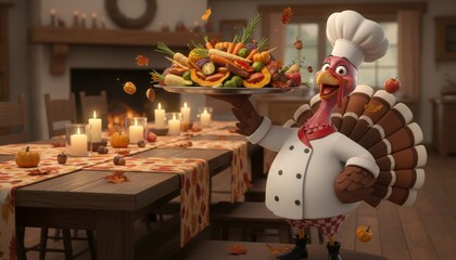 happy thanksgiving feast chef turkey carrying giant roasted vegetables on table
