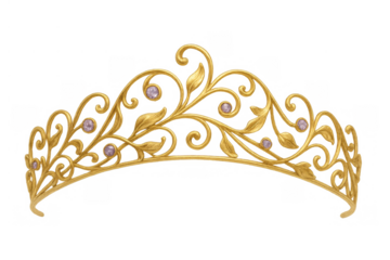Golden tiara featuring intricate filigree, adorned with sparkling gems and leaf motifs. Transparent background