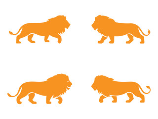 Four orange lion silhouettes walking, isolated on white background