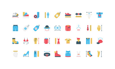 Fototapeta premium Colorful icons representing various clothing sizes and measurement tools, including tags, shoes, and apparel items, designed for fashion and retail contexts vector illustration