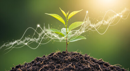 Young green plant growing from soil with abstract financial stock market graph overlay