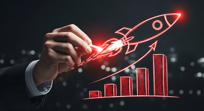Businessman drawing glowing rocket launching upwards over rising bar graph symbolizing business growth