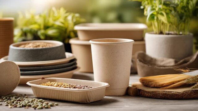Closeup medium shot of various biobased packaging options highlighting texture and detail of compostable plantderived and biodegradable materials in a natural setting.