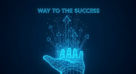 Digital hand emerging from glowing blue particles with upward arrow symbolizing the path to success