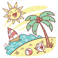 Tropical Beach Landscape Illustration  Palm Trees, Flowers, Sea and Summer Vacation Scene