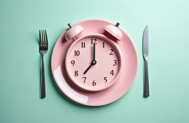 Pink alarm clock sits on empty plate with fork, knife on mint green table. Clock hands point to 8 oclock. Meal timing, intermittent fasting diet. Represents healthy eating schedule, weight loss plan,