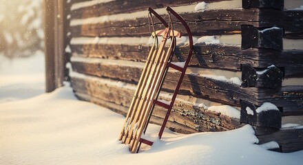 Classic vintage wooden sled leaning against the textured wall of a rustic log cabin during a beautiful winter sunset. 