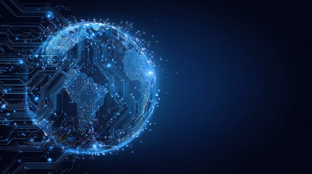 Glowing blue circuit board globe on dark background