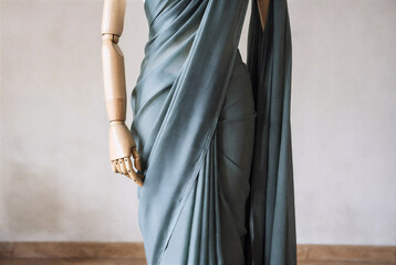 Blue-Grey Draped Fabric on Mannequin – Elegant Textile for Fashion Design