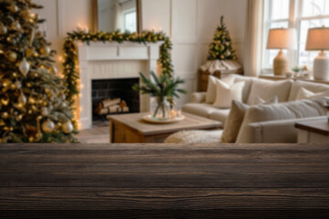 Blur Cozy Christmas interior with fireplace, decorated tree, and wooden tabletop