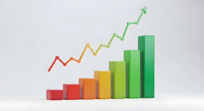 Rising financial graph with colorful bars and upward trending line chart on white background