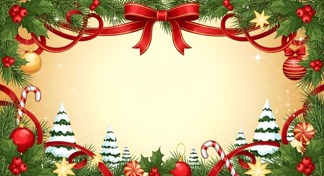 A festive christmas frame with ornaments, ribbons, candy canes, and evergreen branches