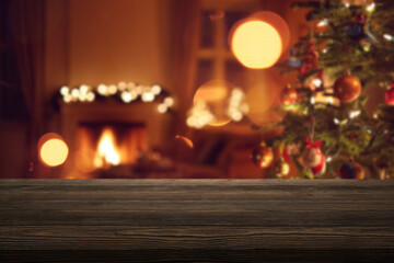 empty table and blurred christmas background with bokeh light