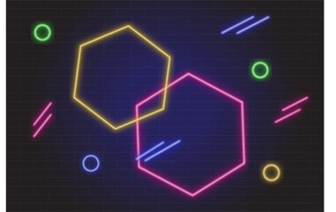 Neon hexagons with geometric shapes on a dark background