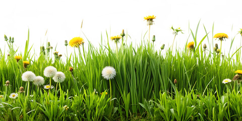 Lush Green Grass with Yellow Dandelions and White Seed Heads in a Meadow, cutout, PNG isolated on white or transparent background