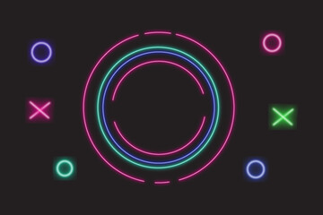 Abstract neon circles and crosses on a dark background