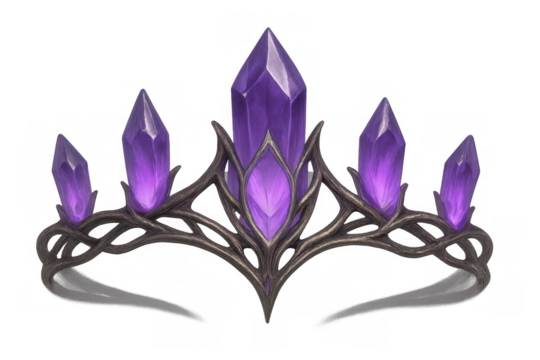 Regal fantasy tiara with amethyst crystals and ornate elven design, symbolizing magic, power, and royalty on transparent background