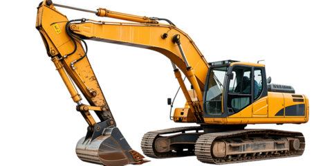Heavy duty yellow excavator machine isolated on white background