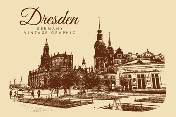 Naklejka premium City ancient architecture, Dresden, Germany. Vintage brown and beige graphics, engraved, vector. Old retro design.