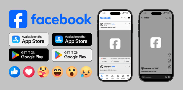 Facebook dynamic post story reels layout with modern reactions like comment emojis save download buttons plus app store and google play badges in a clean promotional social interface