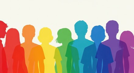 Diverse group of people standing together in rainbow colors.. An illustration expressing unity and diversity.. Community support, acceptance, togetherness.