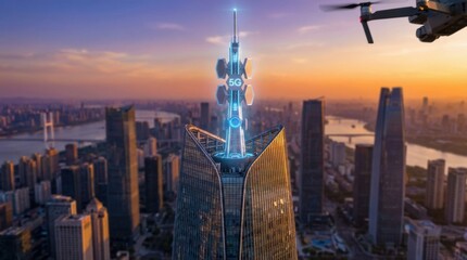Drone flying near glowing 5G cell tower in urban skyline at sunset. Modern telecommunications infrastructure for high-speed wireless connectivity. Future network technology and edge computing concept