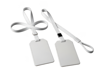 Two blank white luggage tags with white lanyards isolated on transparent background