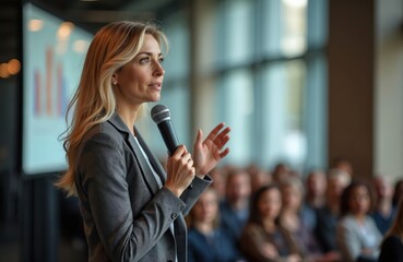 Blonde businesswoman speaks into microphone at business conference. Addresses large audience, actively presenting, engaging. Corporate data shows on screen. Pro manager talks at seminar, sharing