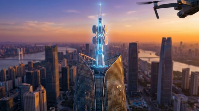 Drone flying near glowing 5G cell tower in urban skyline at sunset. Modern telecommunications infrastructure for high-speed wireless connectivity. Future network technology and edge computing concept