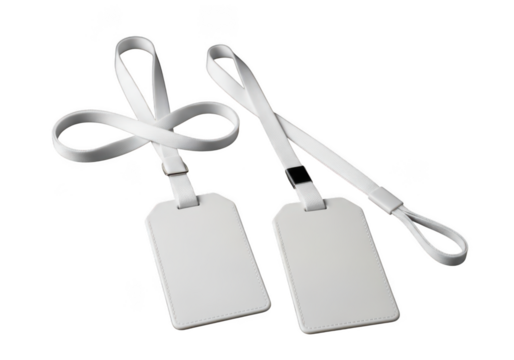 Two blank white luggage tags with white lanyards isolated on transparent background