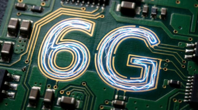 Green circuit board with glowing 6G text overlay. Advanced wireless technology for next-generation networks. Future telecommunication infrastructure and high-speed data connectivity concept.
