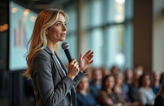 Blonde businesswoman speaks into microphone at business conference. Addresses large audience, actively presenting, engaging. Corporate data shows on screen. Pro manager talks at seminar, sharing