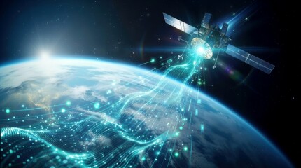 Satellite beaming digital data streams to Earth from orbit. Global connectivity network illustrating 5G wireless technology and quantum communications. Future of high-speed internet and edge