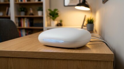 White 5G router with glowing blue LED lights on wooden desk in modern home office. High-speed wireless network device for edge computing and cloud platforms. Innovative connectivity hub for quantum