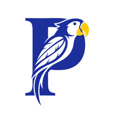 Obraz premium Stylized blue and white parrot with yellow beak integrated into a bold capital letter P.