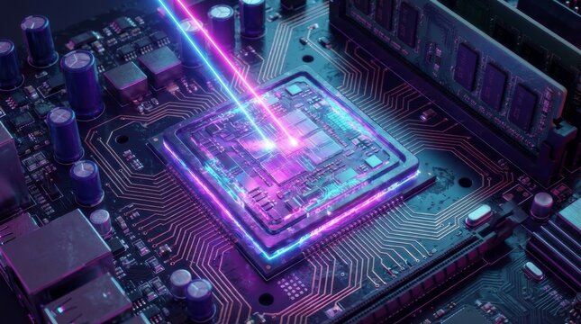 Futuristic quantum processor chip hit by laser beam on advanced circuit board. High-speed data transmission in quantum communications. Edge computing and 5G network technology innovation.