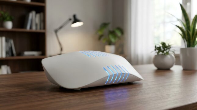 White futuristic router with glowing blue lines on wooden desk. Modern 5G home network device in office environment. Edge computing and cloud platform technology for high-speed connectivity. - Powered by Adobe