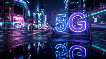 Neon 5G sign glowing in futuristic city street at night. Wet pavement reflecting vibrant lights from urban buildings. High-speed wireless connectivity and advanced mobile network technology concept.