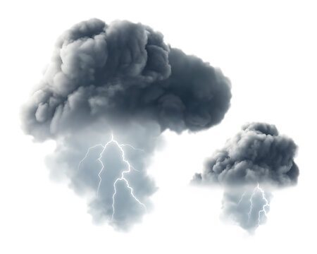 Dark storm clouds with lightning bolts isolated on a transparent background.PNG - Powered by Adobe