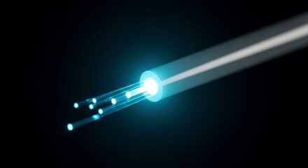 Glowing blue fiber optic cable emitting light beams in dark space. High-speed data transmission visualization for 5G networks. Quantum communication and edge computing technology concept.