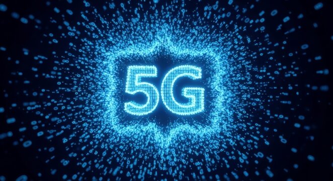Glowing 5G symbol surrounded by digital particles on dark background. Fifth generation wireless technology concept for high-speed connectivity and future internet innovation.