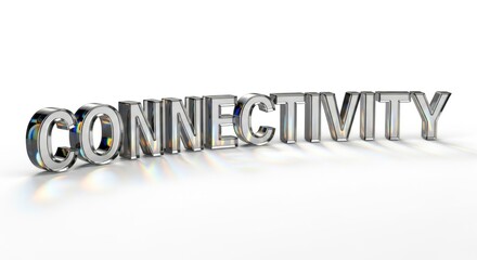 Shiny metallic 3D connectivity text floating on white background. Digital network and internet connection concept for 5G and cloud platforms. Edge computing and quantum communication technology