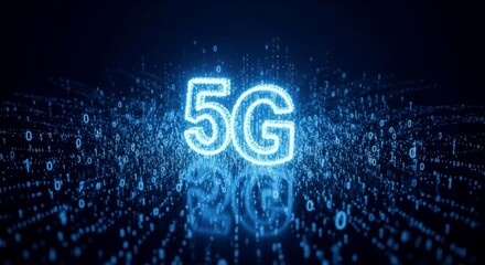 Glowing blue 5G symbol surrounded by digital data particles on dark background. Futuristic wireless network technology for high-speed internet. Mobile connectivity and advanced telecommunications