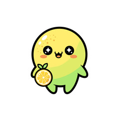 Cute lemon character holding an orange slice with a happy expression  