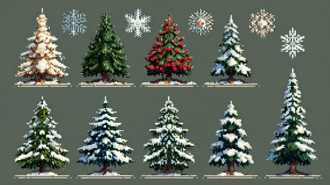 A collection of snowflakes, Christmas trees, and pixel art.