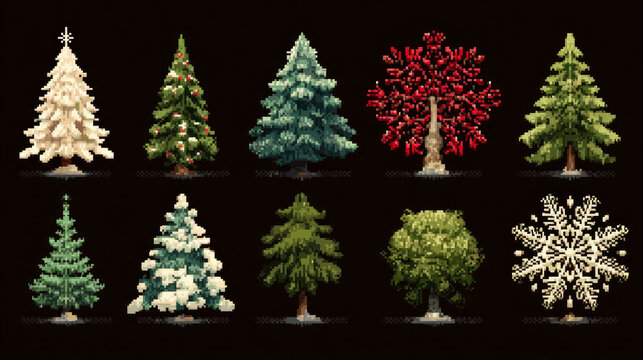 A collection of snowflakes, Christmas trees, and pixel art.