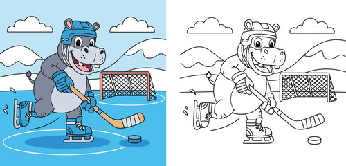Cartoon hippopotamus playing ice hockey coloring page. Vector illustration of a cute hippo skater with a stick and puck. Winter sports activity for kids book.